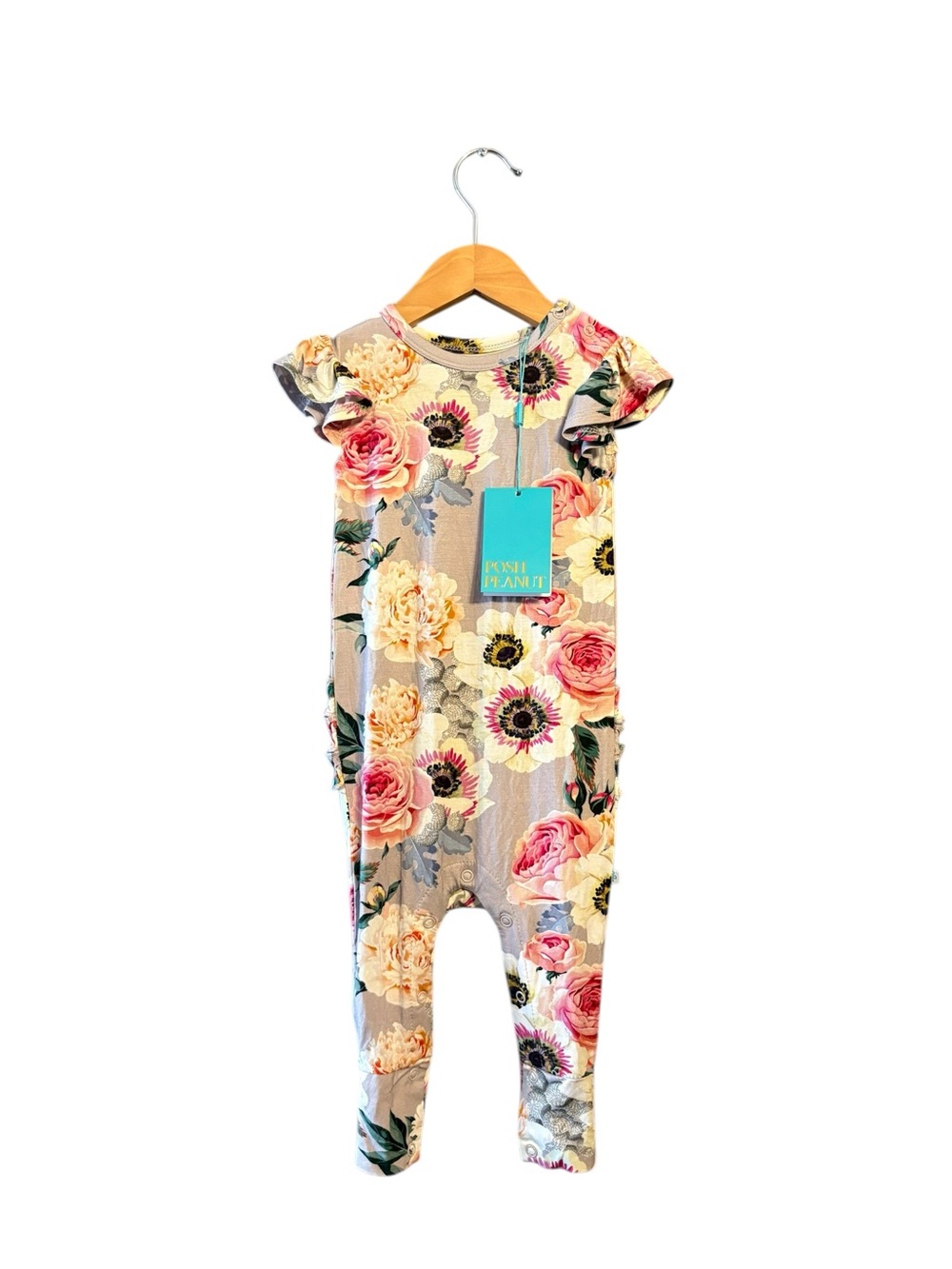 Posh Peanut Floral Ruffle Sleeve Romper - Pink, Cream & Green